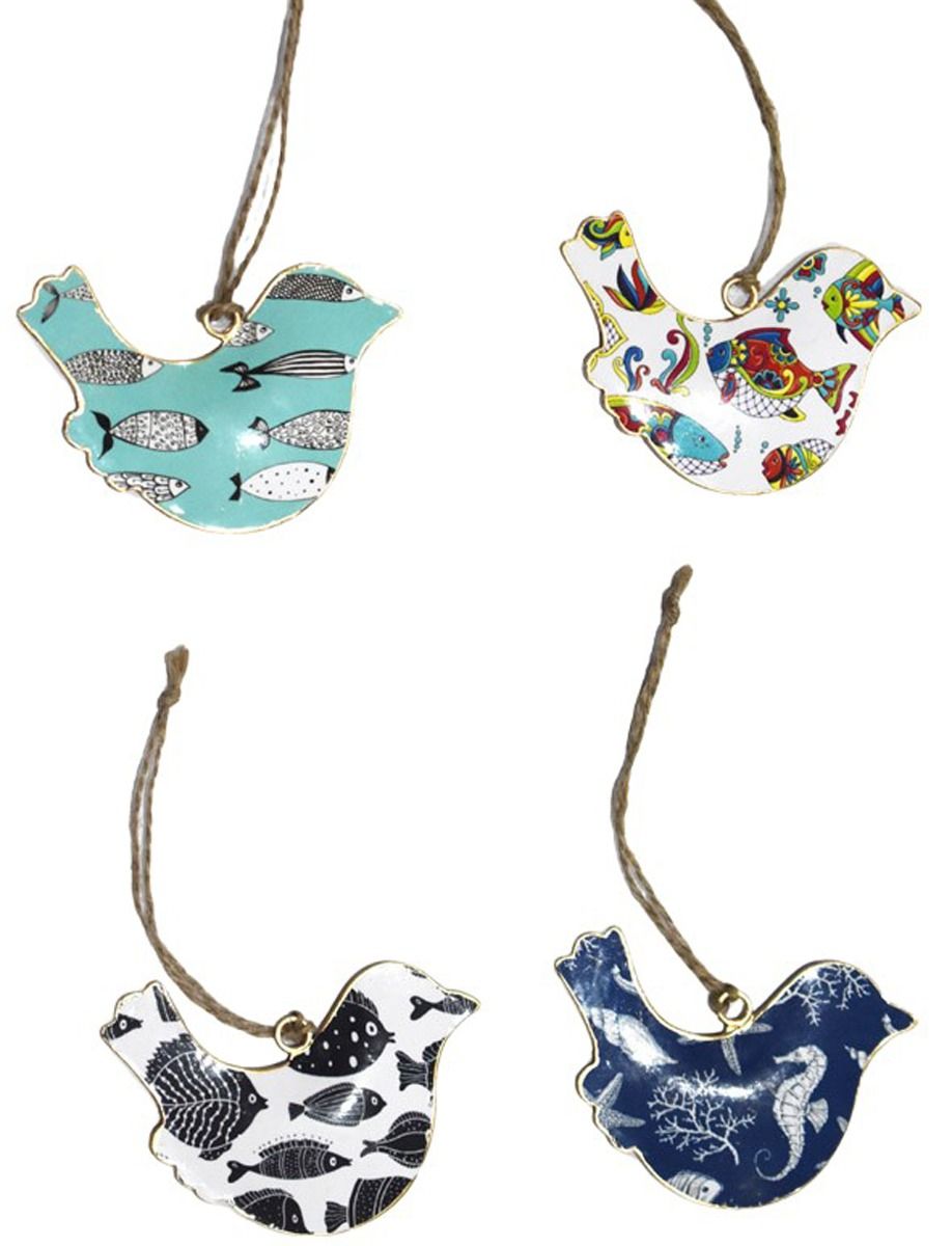 Set of 4 Birds with Fish Design