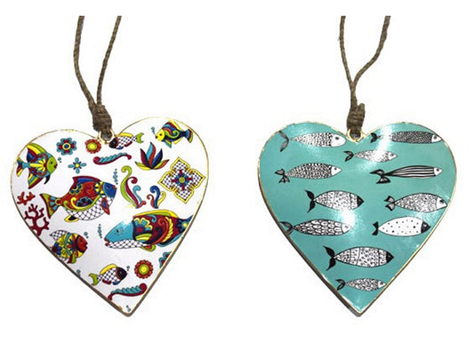 Set of 2 Coastal Hearts with Fish Design