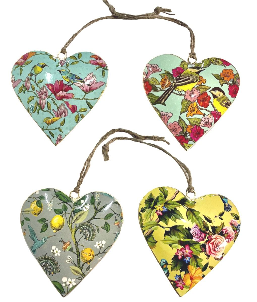 Set of 4 Hearts with Small Birds & Flower Design