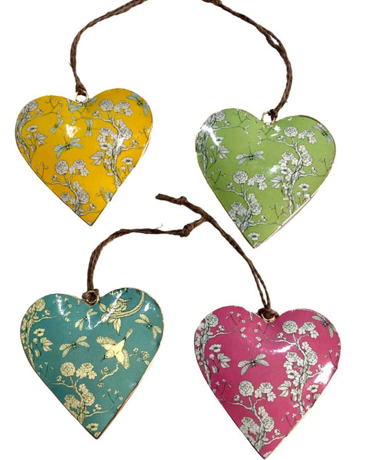 Set of 4 Coloured Hearts with Floral Pattern