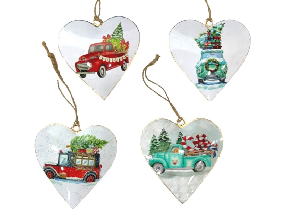 Set of 4 Hanging Hearts with Christmas Truck Design