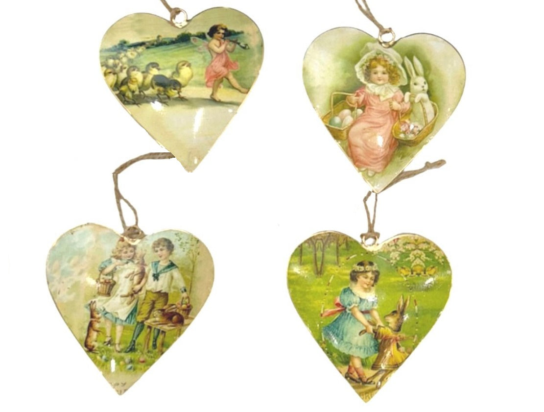 Set of 4 Hearts with Children & Rabbit Design