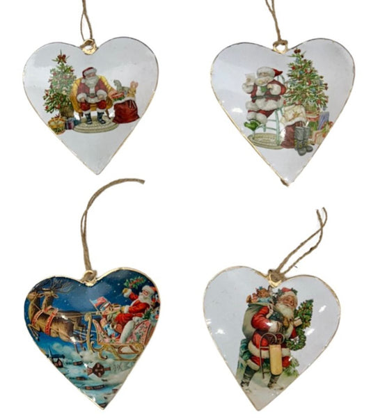 Set of 4 Hanging Hearts with Father Christmas Design