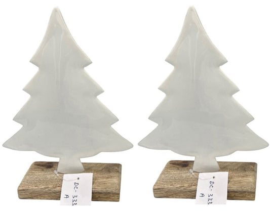 Set of 2 White Christmas Trees on Wooden Stands