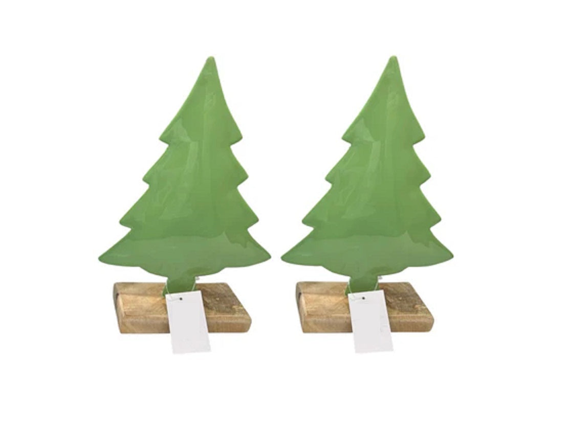 Set of 2 Green Christmas Trees on Wooden Stands