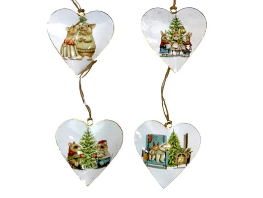 Set of 4 Hanging Hearts with Christmas Mice Design