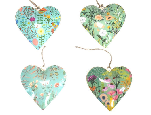 Set of 4 Turquoise and Green Flower Design Hearts