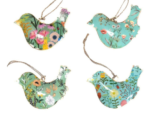 Set of 4 Turquoise and Green Flower Design Birds