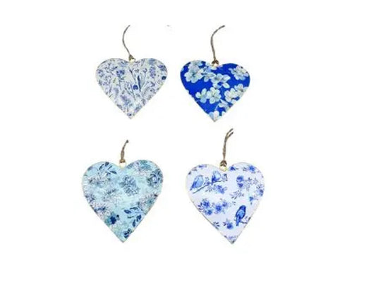 Set of 4 Blue & White Flower Design Heart