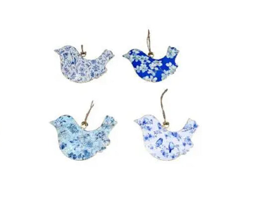 Set of 4 Blue & White Flower Design Birds