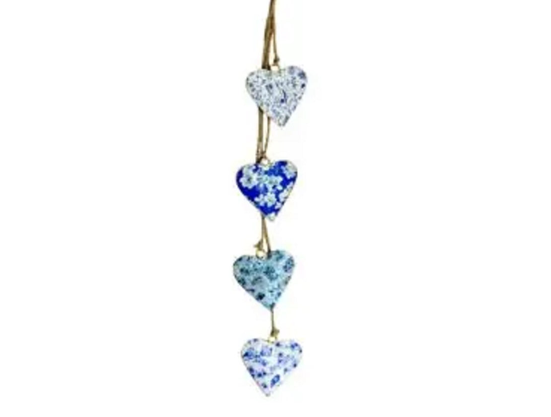 Set of 4 Blue & White Flower Design Mini Hearts