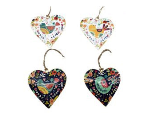 Set of 4 Black & White Hearts with Bird Design