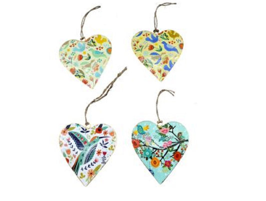 Set of 4 Handcrafted Hearts with Floral Bird Design