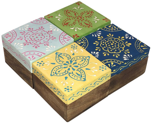 Set of 4 Hand Painted Medium Wooden Boxes