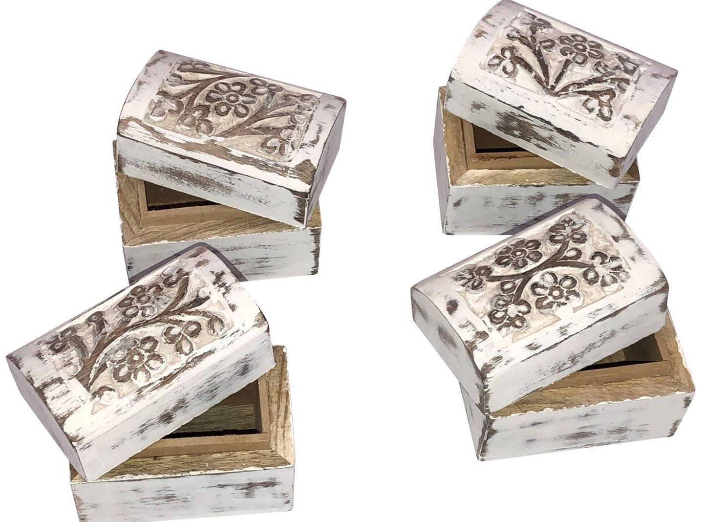 Set of 4 Small Hand Carved Wooden Chests