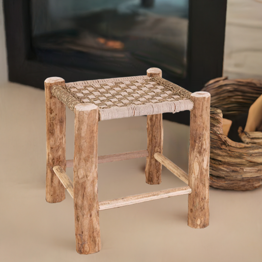 Hand-crafted Woven Natural & White Jute Stool