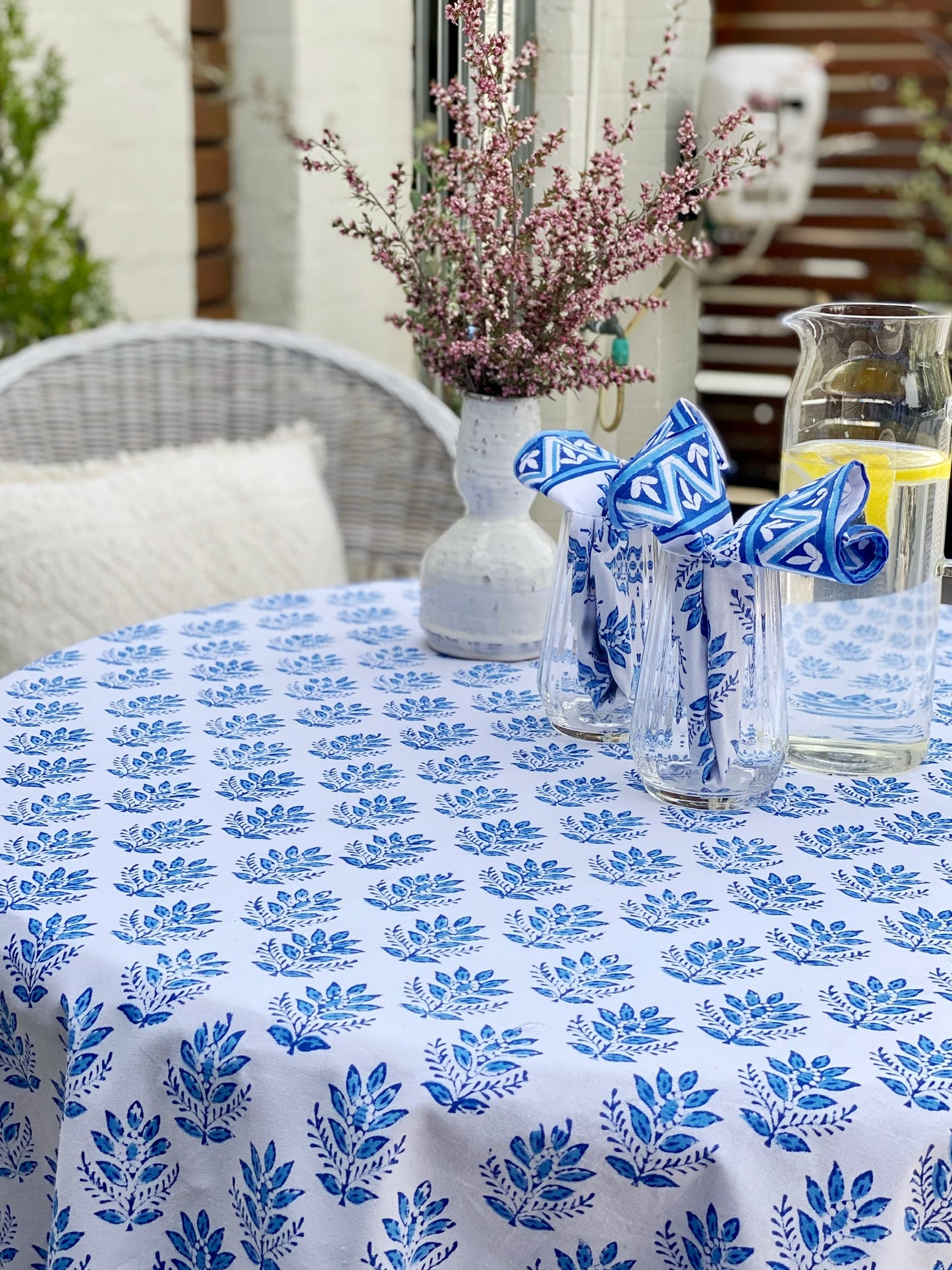 Block Print Blue & White Small Round Tablecloth