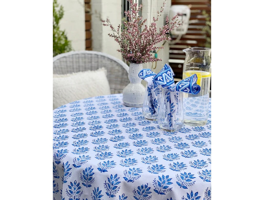Block Print Blue & White Small Round Tablecloth