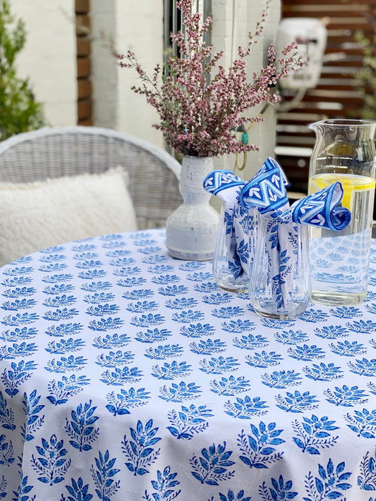 Block Print Blue & White Round Tablecloth