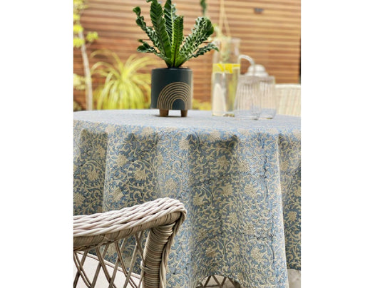 Large Round Block Print Denim Tablecloth