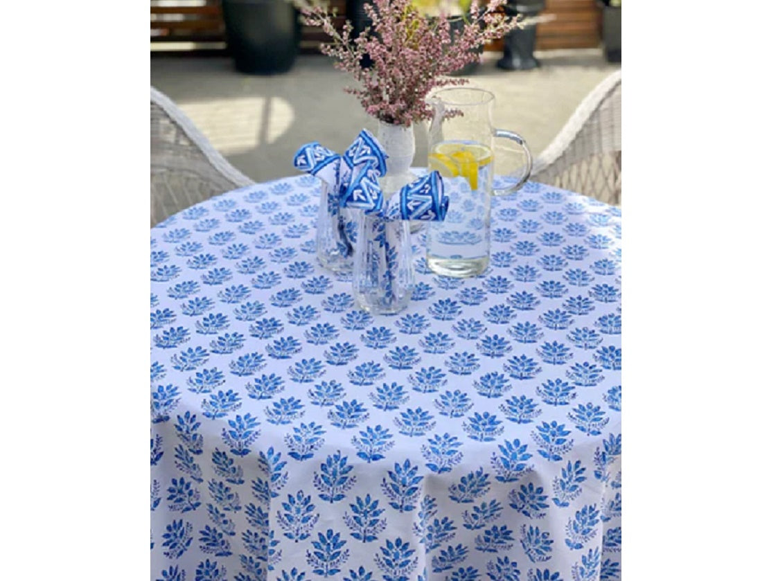 Block Print Blue & White Round Tablecloth