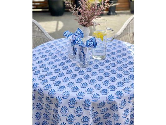 Block Print Blue & White Round Tablecloth