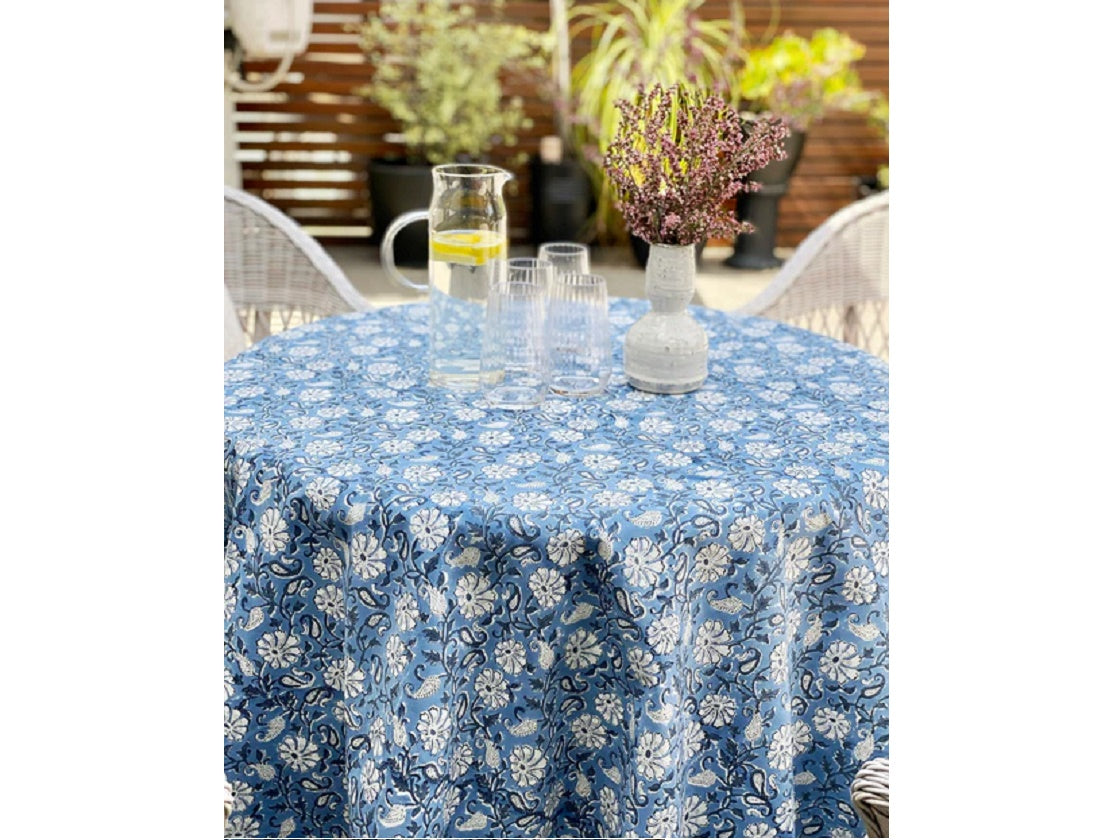 Block Print Denim Floral Small Round Tablecloth