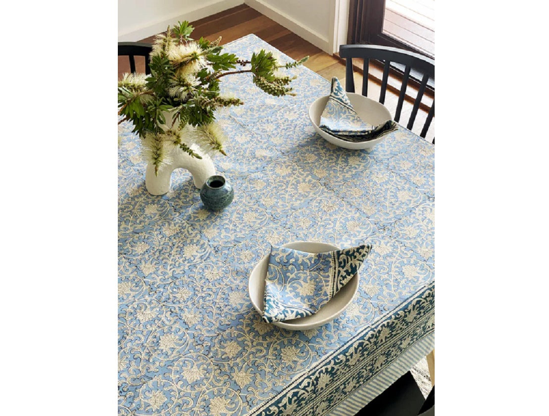 Large Rectangular Block Print Denim Tablecloth