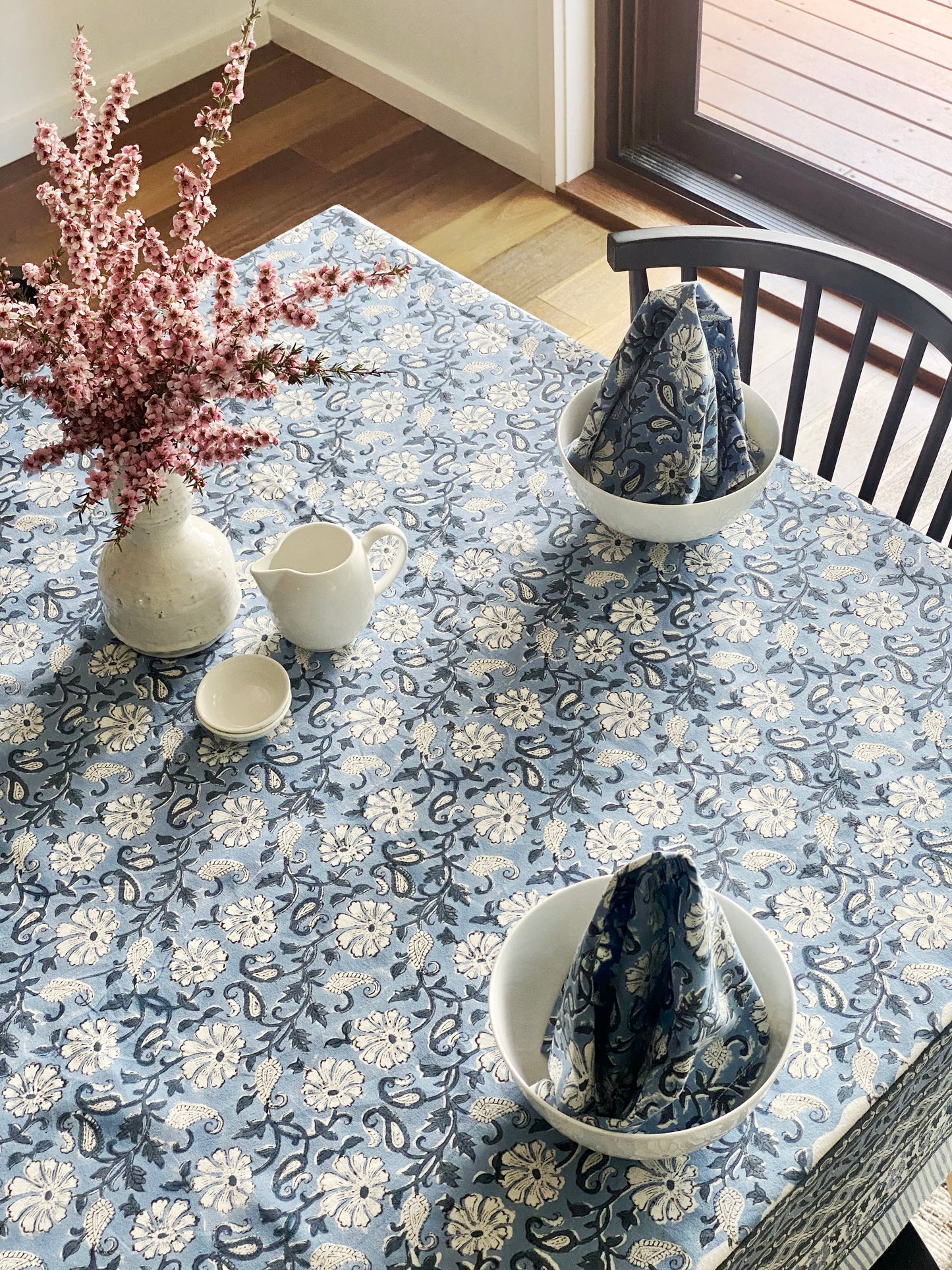 Denim Floral Block Print Small Tablecloth
