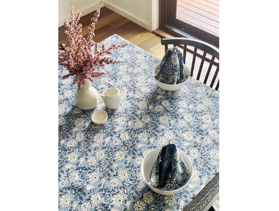 Denim Floral Block Print Small Tablecloth