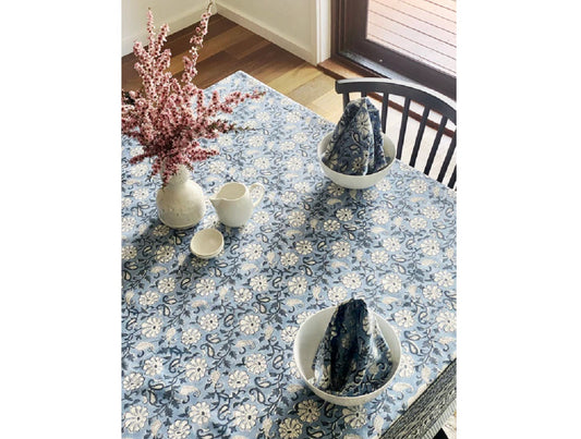 Denim Floral Block Print Small Tablecloth