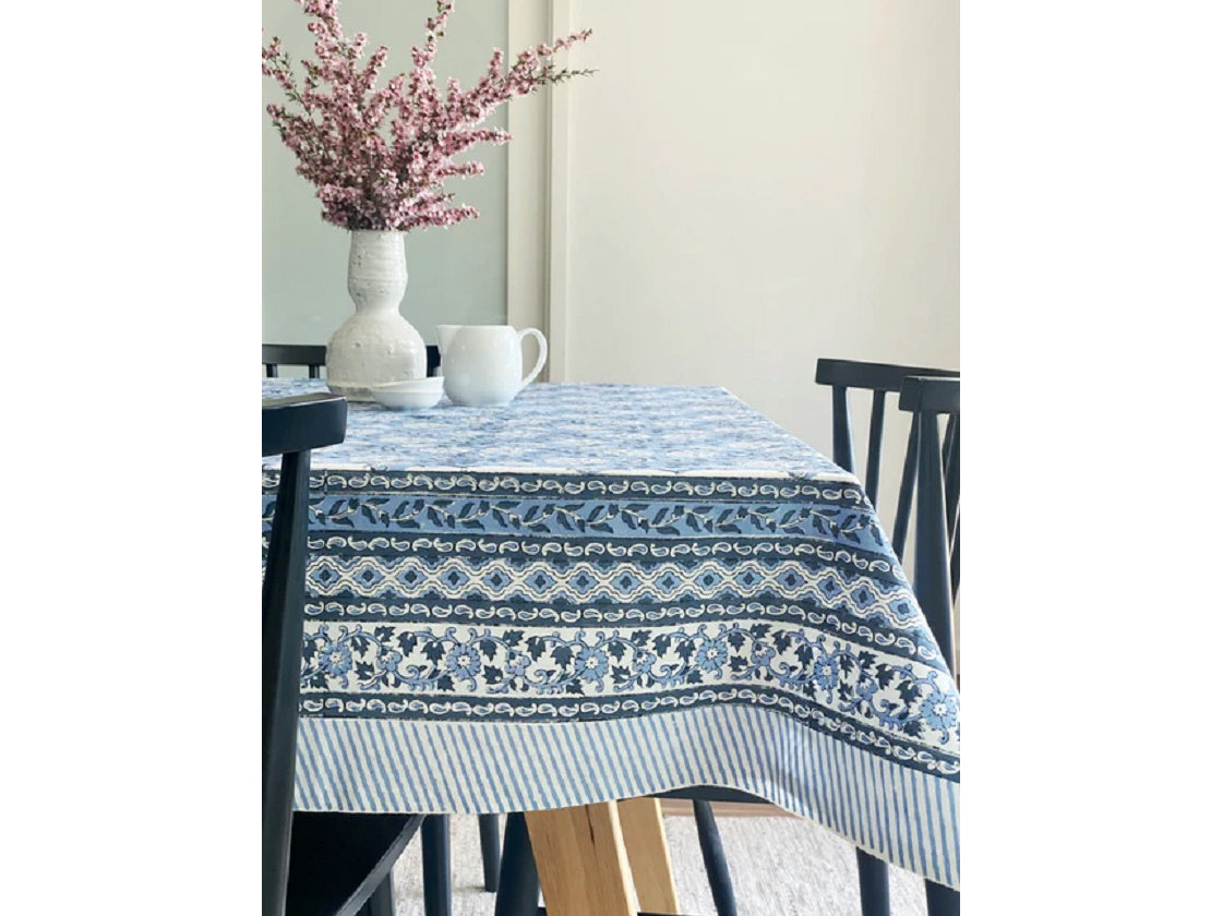 Denim Floral Block Print Tablecloth