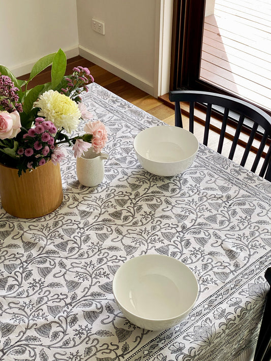 Grey & White Floral Block Print Small Tablecloth