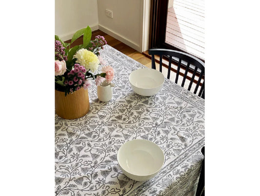 Grey & White Floral Block Print Small Tablecloth
