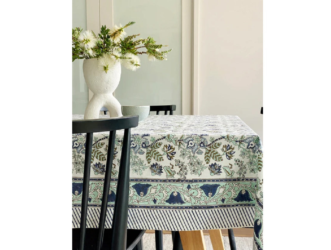 Blue Steel & Sage Floral Block Print Small Tablecloth