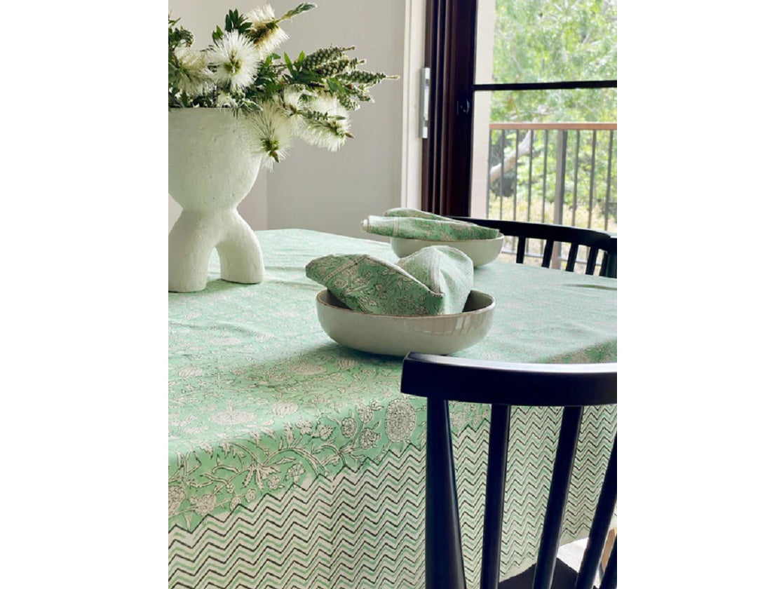 Block Print Green & White Large Tablecloth