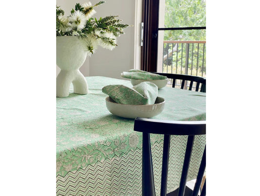 Block Print Green & White Large Tablecloth