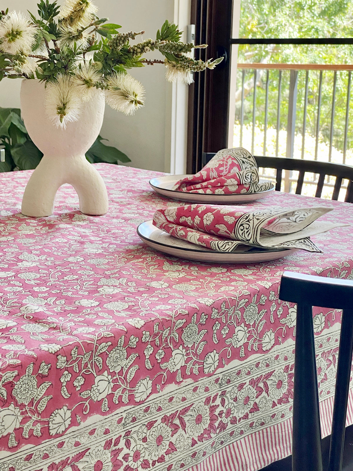Block Print Pink & White Tablecloth
