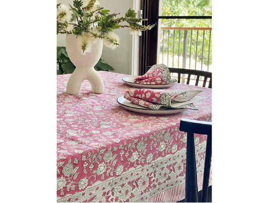 Block Print Pink & White Large Tablecloth
