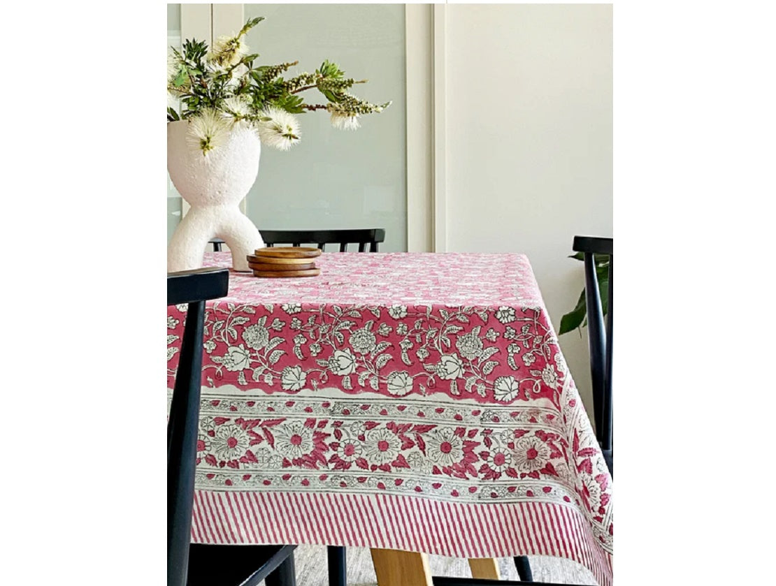 Block Print Pink & White Tablecloth