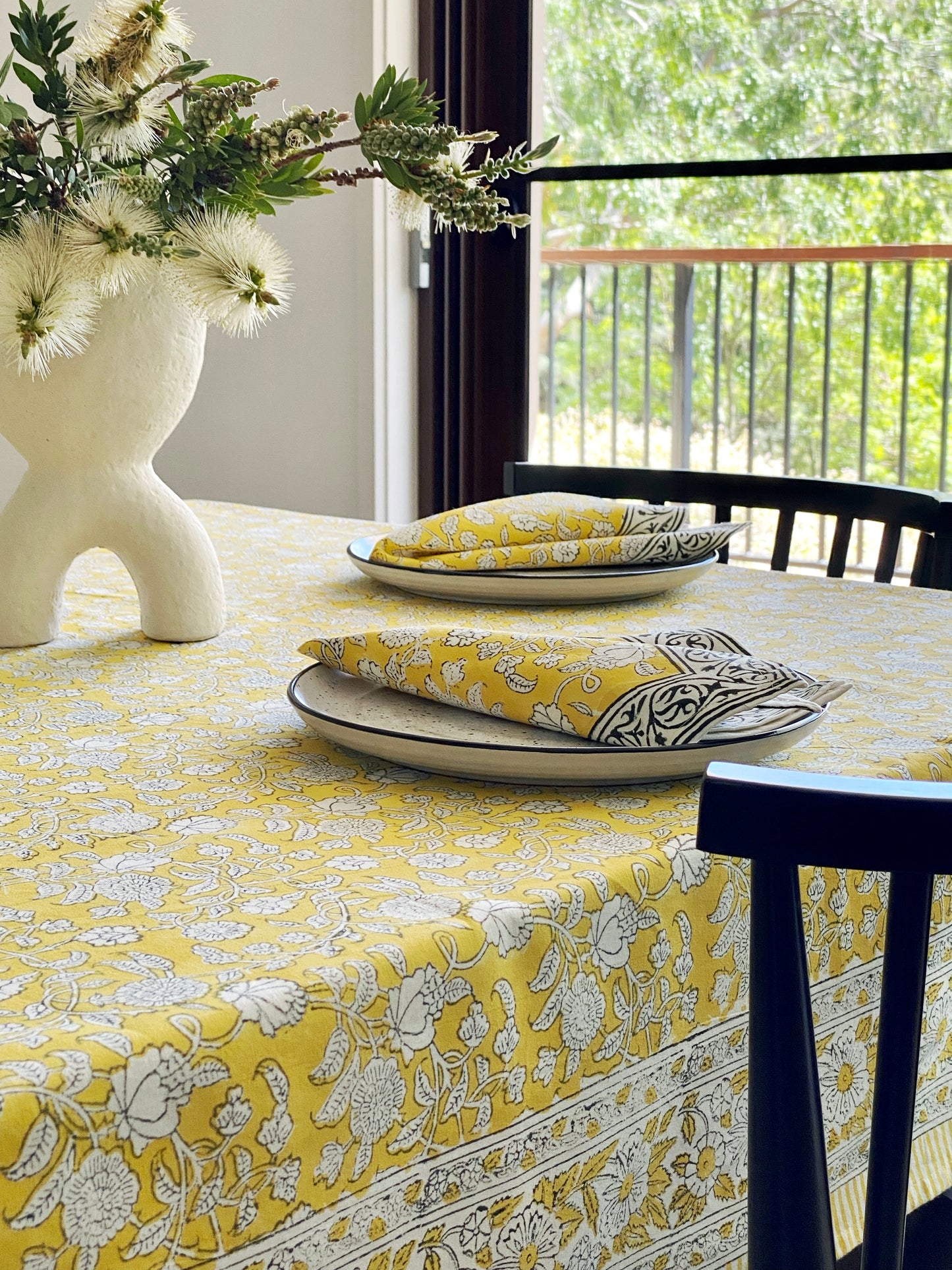Block Print Yellow & White Small Tablecloth