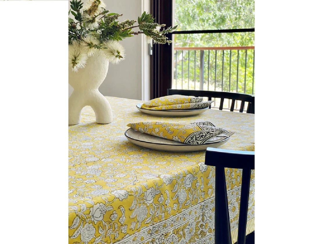 Block Print Yellow & White Small Tablecloth