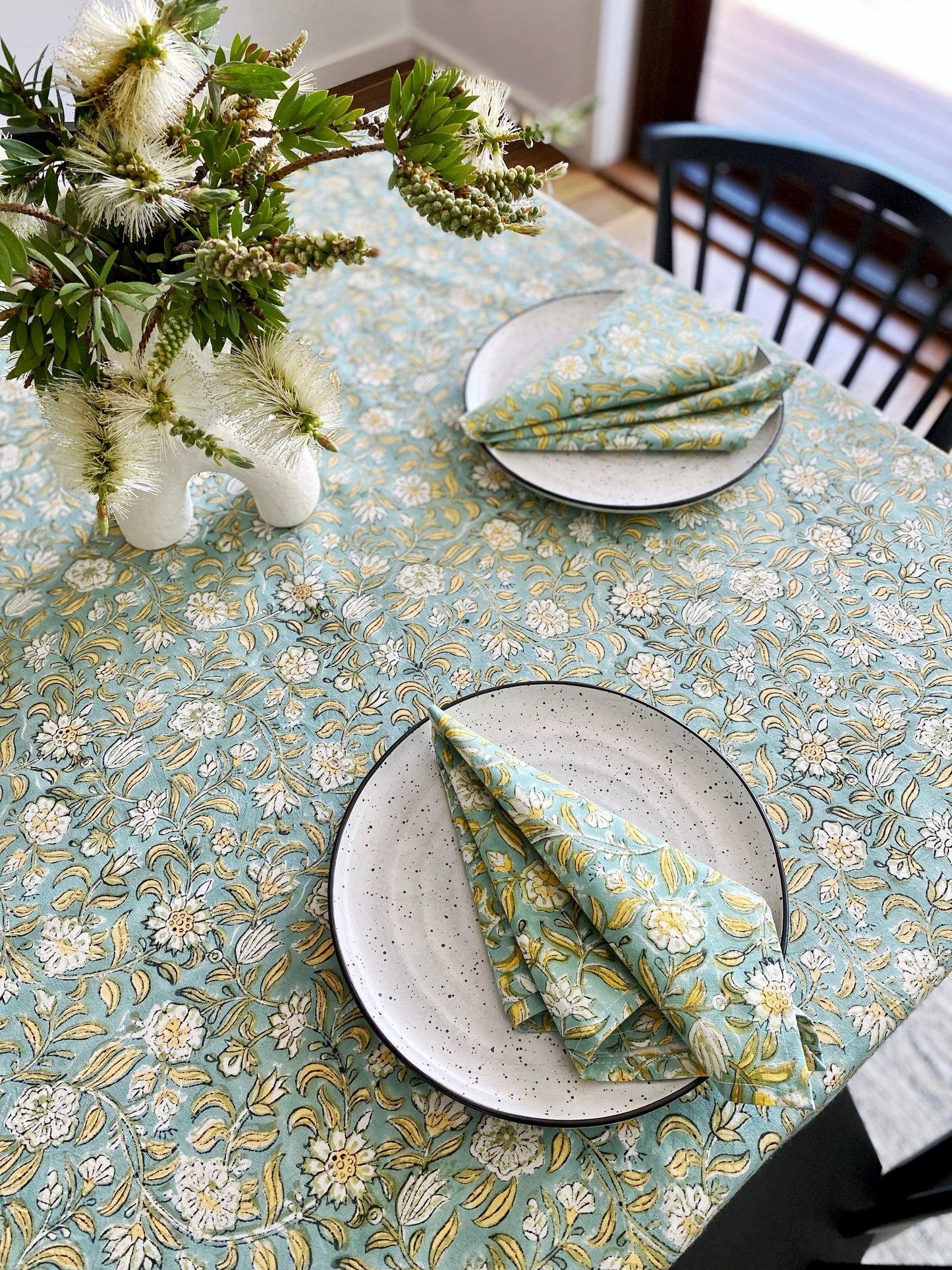 Sage & Lemon Floral  Block Print Small Tablecloth
