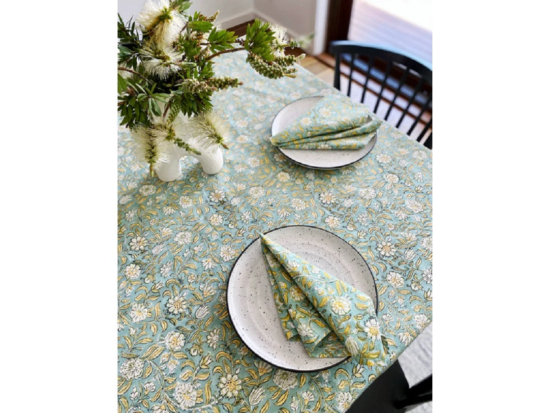 Sage & Lemon Floral Block Print Tablecloth