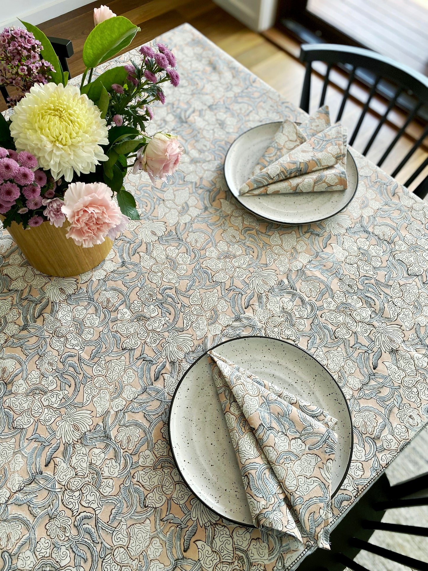 Light Salmon & Grey Floral Block Print Tablecloth
