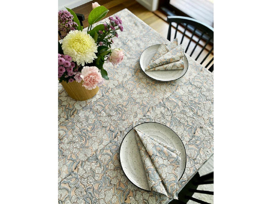 Light Salmon & Grey Floral Block Print Small Tablecloth