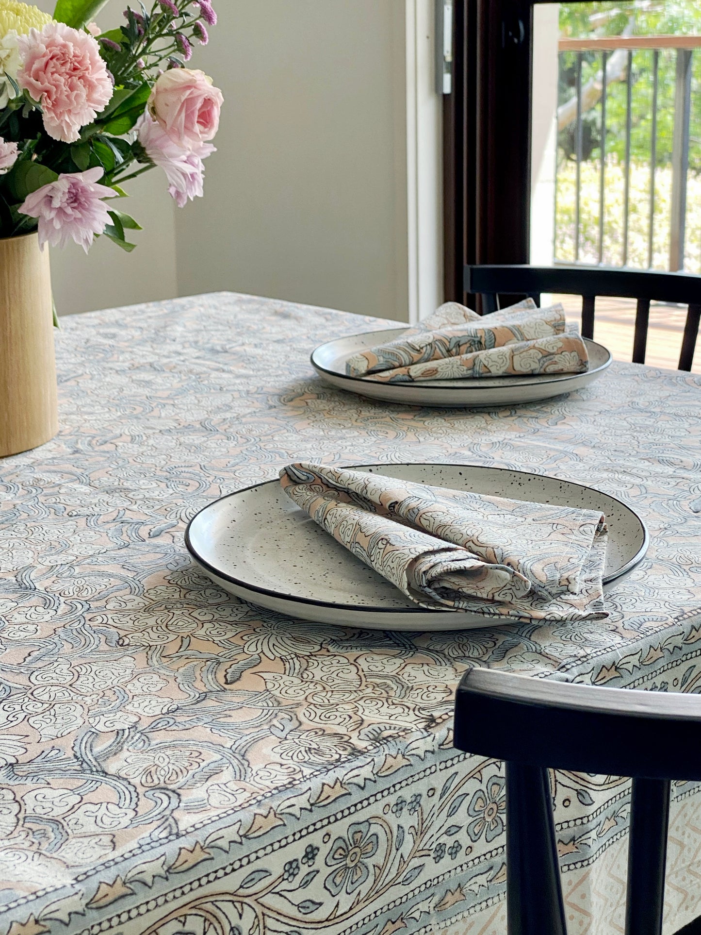 Light Salmon & Grey Floral Block Print Small Tablecloth