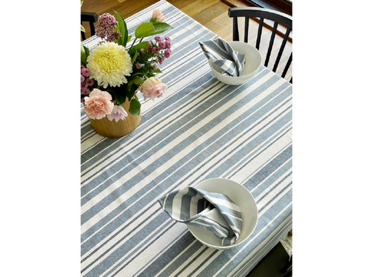 Blue Grey white Stripe Cotton Tablecloth