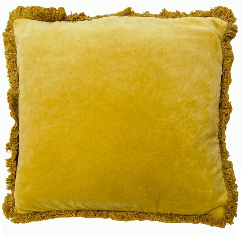 Cotton velvet cushion with fringes mustard yellow