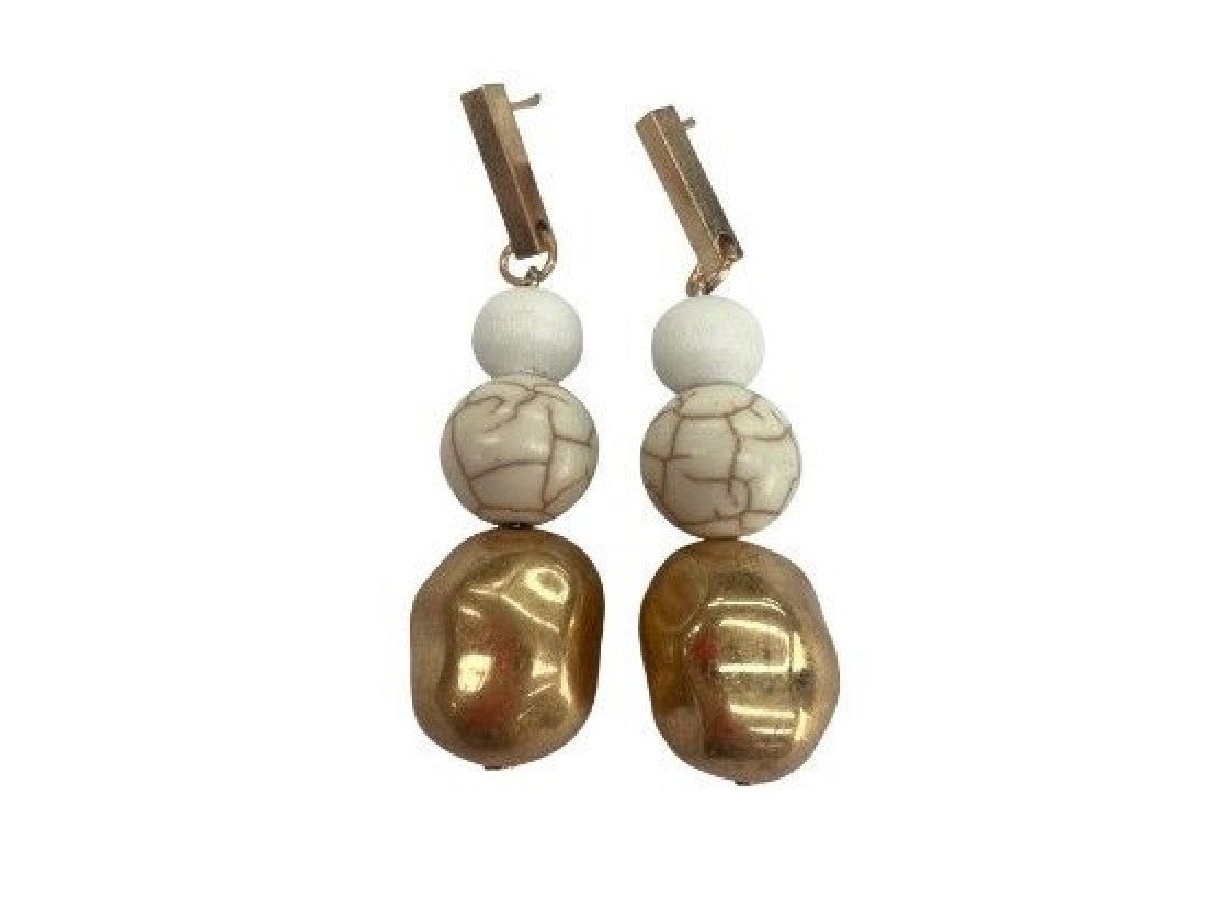 Wood, Howlite & Brass, Bead Earrings